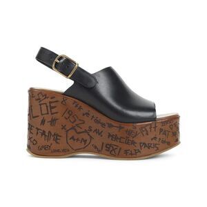 CHLOE ChloC3A9 Black Leather Wedge Sandals with Graffiti Detail Women BLACK